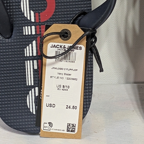 Jack & Jones Mens 9/10 Flip-Flops Blue Red Logo Summer Beach Sandals Thongs - Picture 2 of 6